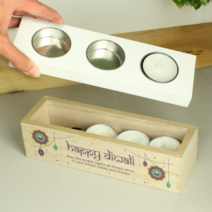 Buy Personalised Diwali Triple Tealight Box available now at www.giftsfinder.co.uk