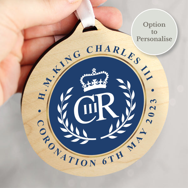 Buy King Charles III Blue Crest Coronation Commemorative Round Wooden Decoration available now at www.giftsfinder.co.uk