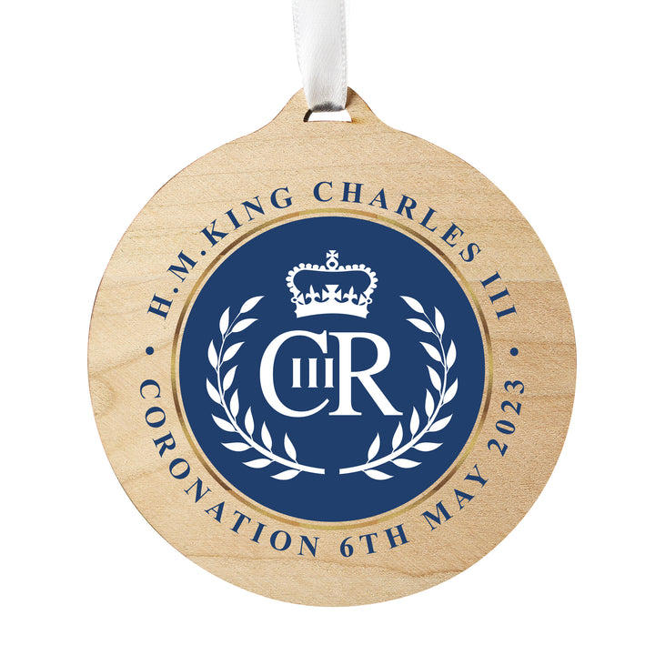 Buy King Charles III Blue Crest Coronation Commemorative Round Wooden Decoration available now at www.giftsfinder.co.uk