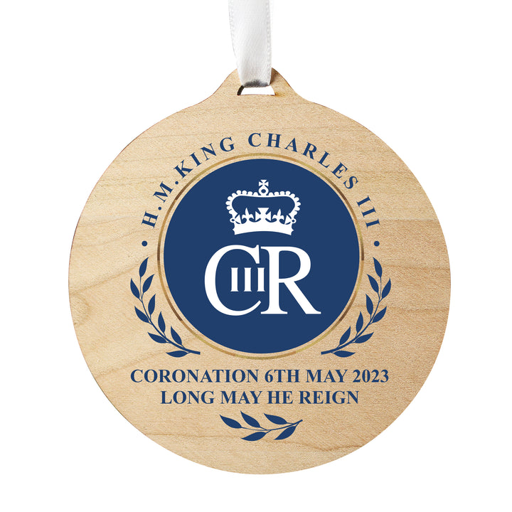 Buy King Charles III Blue Crest Coronation Commemorative Round Wooden Decoration available now at www.giftsfinder.co.uk