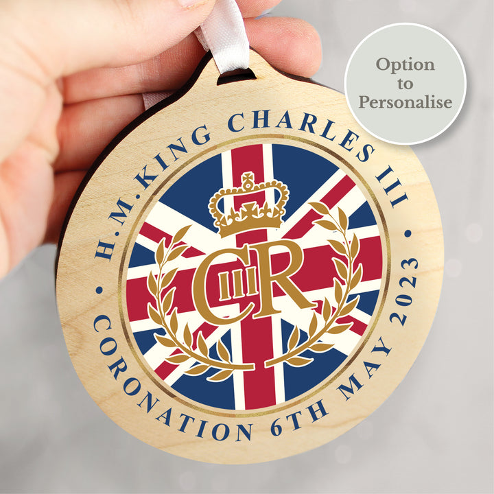 Buy King Charles III Union Jack Coronation Commemorative Round Wooden Decoration available now at www.giftsfinder.co.uk