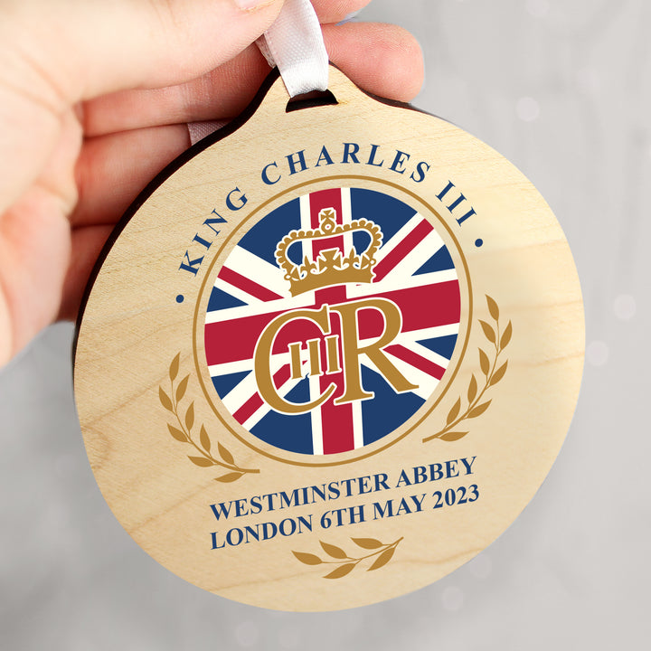 Buy King Charles III Union Jack Coronation Commemorative Round Wooden Decoration available now at www.giftsfinder.co.uk