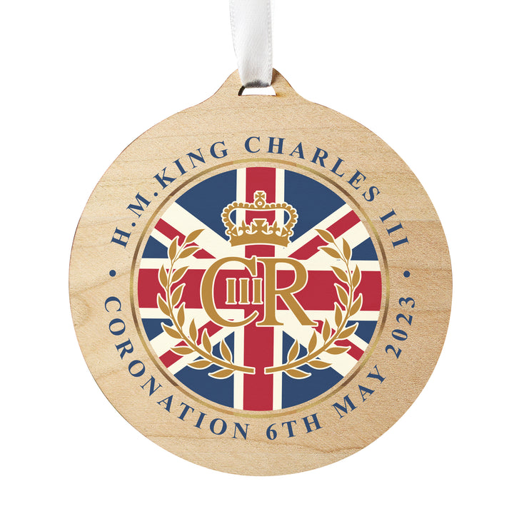 Buy King Charles III Union Jack Coronation Commemorative Round Wooden Decoration available now at www.giftsfinder.co.uk