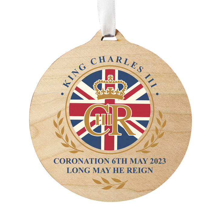 Buy King Charles III Union Jack Coronation Commemorative Round Wooden Decoration available now at www.giftsfinder.co.uk