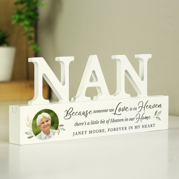 Buy Personalised Botanical Memorial Photo Upload Wooden Nan Ornament available now at www.giftsfinder.co.uk