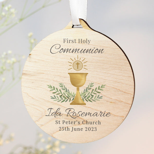 Buy Personalised First Holy Communion Round Wooden Decoration available now at www.giftsfinder.co.uk