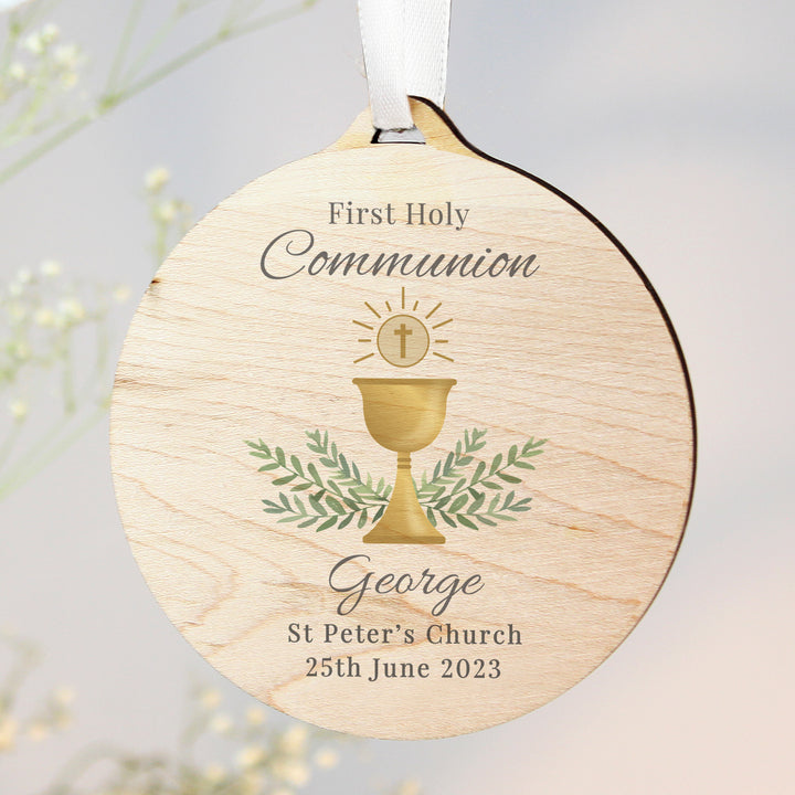 Buy Personalised First Holy Communion Round Wooden Decoration available now at www.giftsfinder.co.uk