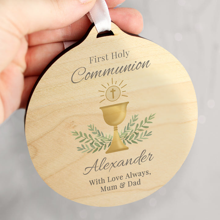 Buy Personalised First Holy Communion Round Wooden Decoration available now at www.giftsfinder.co.uk