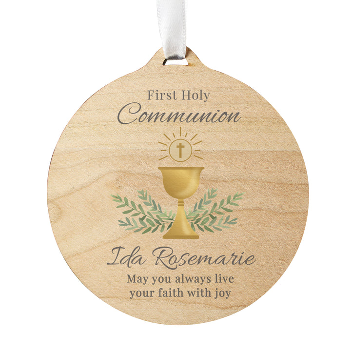 Buy Personalised First Holy Communion Round Wooden Decoration available now at www.giftsfinder.co.uk