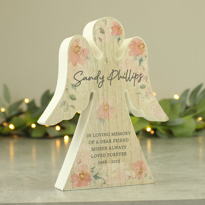 Buy Personalised Floral Wooden Angel Ornament available now at www.giftsfinder.co.uk