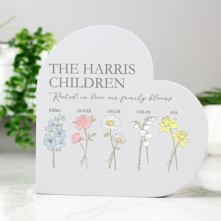 Buy Personalised Flower of the Month Family Heart Ornament available now at www.giftsfinder.co.uk