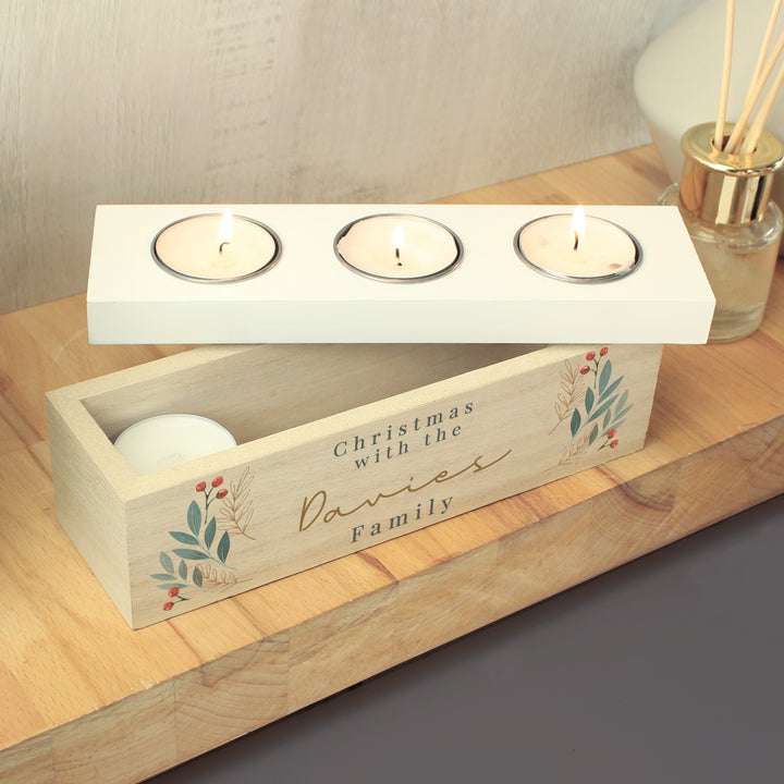 Buy Personalised Christmas Foliage Triple Tea Light Box available now at www.giftsfinder.co.uk