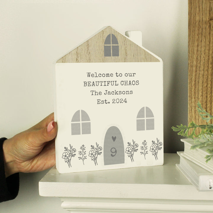 Personalised Grey Wooden House Ornament - part of the Gifts Finder Personalised Ornaments & Keepsakes collection