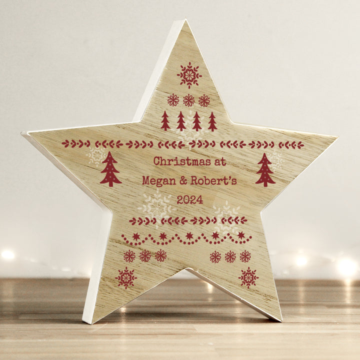 Buy Personalised Christmas Fair Isle Wooden Star Ornament available now at www.giftsfinder.co.uk