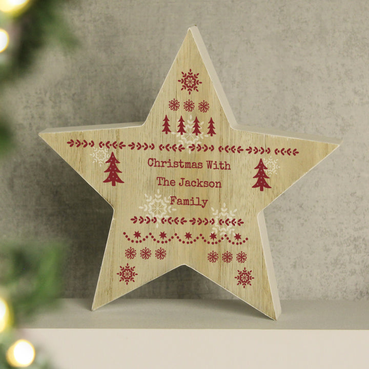 Buy Personalised Christmas Fair Isle Wooden Star Ornament available now at www.giftsfinder.co.uk