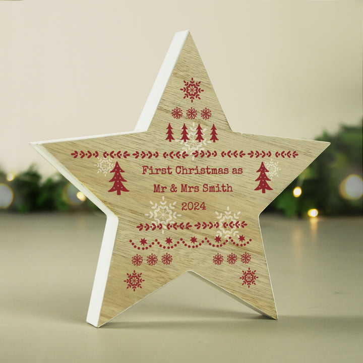 Buy Personalised Christmas Fair Isle Wooden Star Ornament available now at www.giftsfinder.co.uk