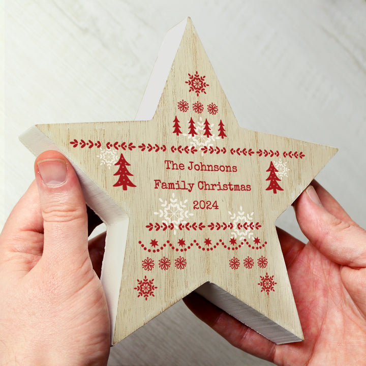 Buy Personalised Christmas Fair Isle Wooden Star Ornament available now at www.giftsfinder.co.uk