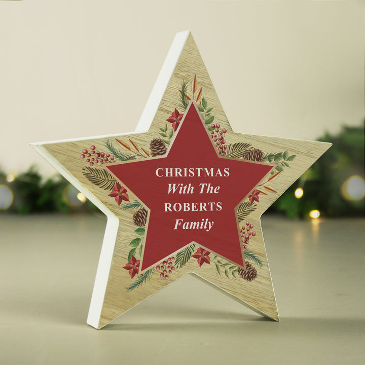 Buy Personalised Christmas Wreath Wooden Star Ornament available now at www.giftsfinder.co.uk