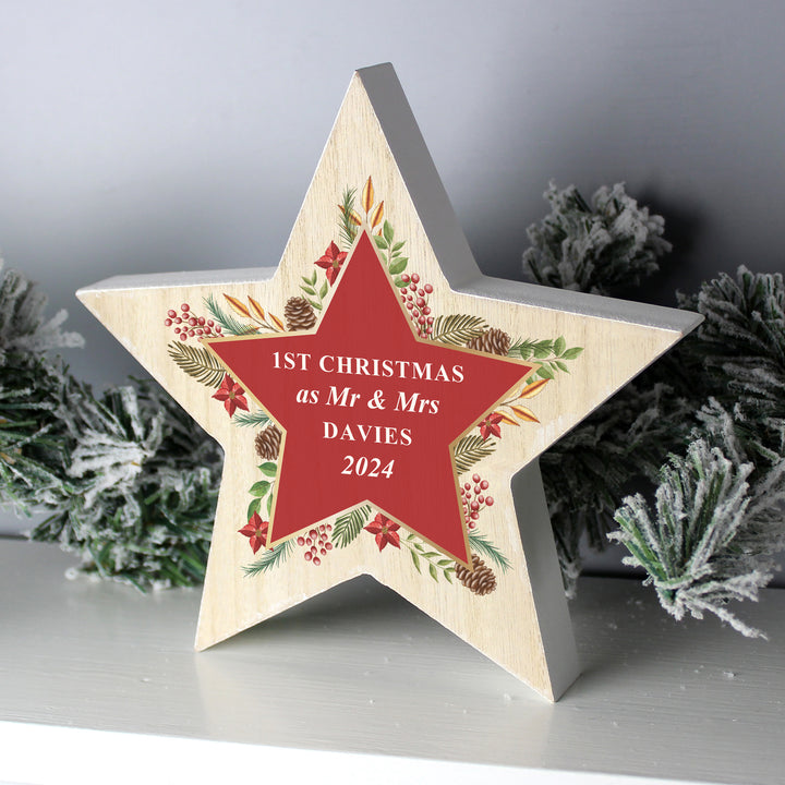 Buy Personalised Christmas Wreath Wooden Star Ornament available now at www.giftsfinder.co.uk