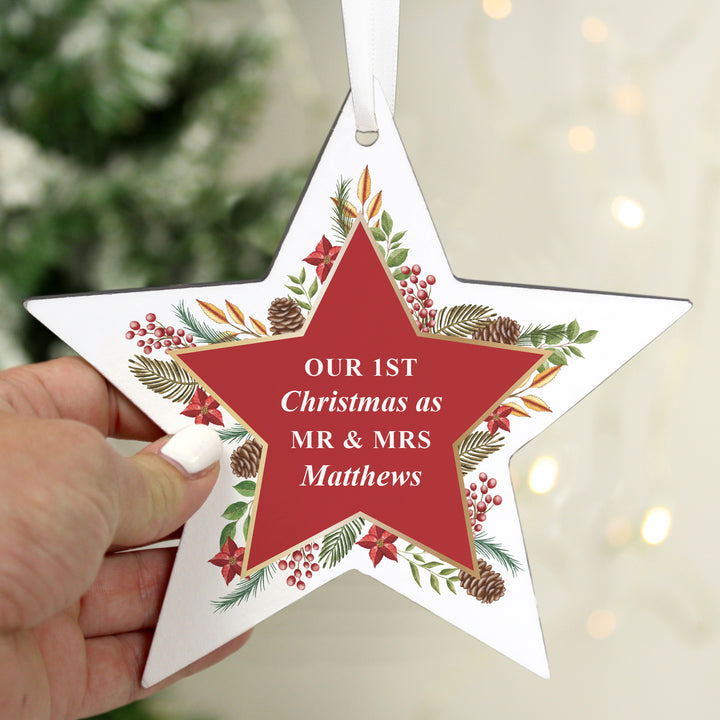 Buy Personalised Christmas Wreath Wooden Star Decoration available now at www.giftsfinder.co.uk