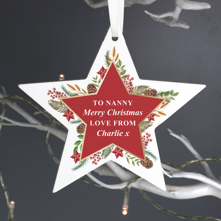 Buy Personalised Christmas Wreath Wooden Star Decoration available now at www.giftsfinder.co.uk