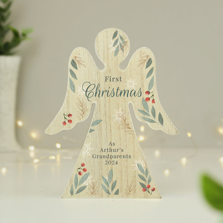 Buy Personalised Christmas Foliage Wooden Angel Ornament available now at www.giftsfinder.co.uk