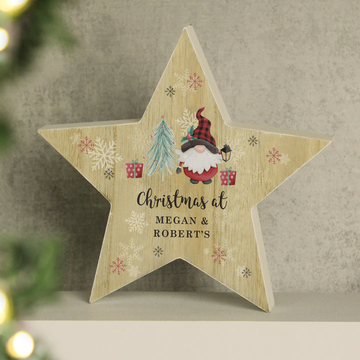 Buy Personalised Gonk Christmas Wooden Star Ornament available now at www.giftsfinder.co.uk