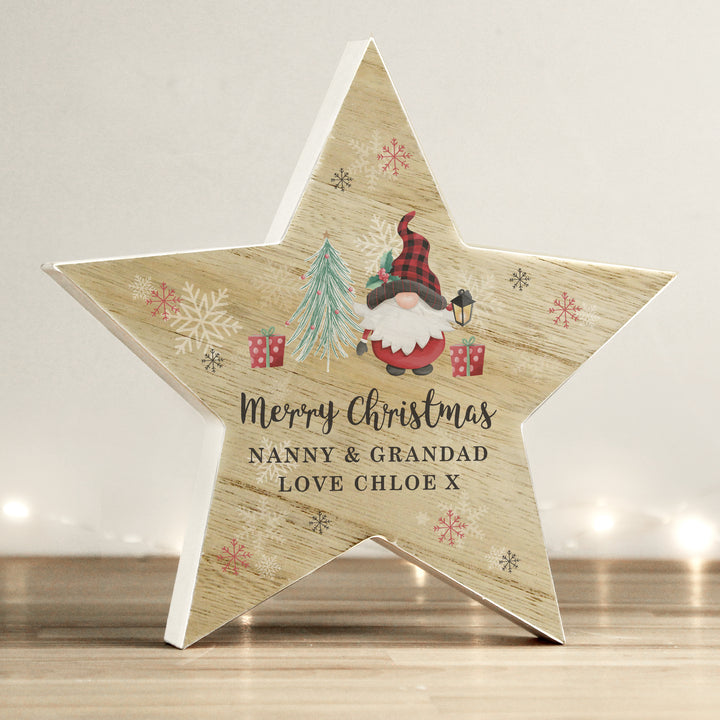 Buy Personalised Gonk Christmas Wooden Star Ornament available now at www.giftsfinder.co.uk