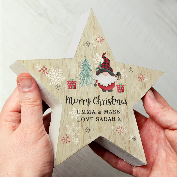 Buy Personalised Gonk Christmas Wooden Star Ornament available now at www.giftsfinder.co.uk