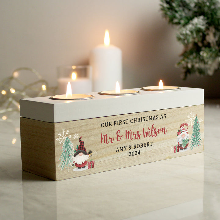 Buy Personalised Christmas Gonk Triple Tea Light Box available now at www.giftsfinder.co.uk