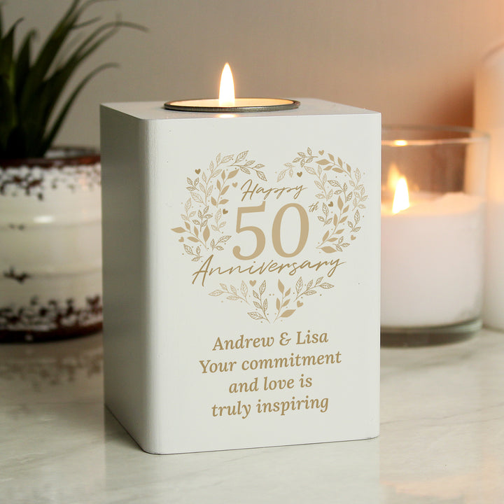 Buy Personalised 50th Golden Wedding Anniversary Tea Light Holder available now at www.giftsfinder.co.uk