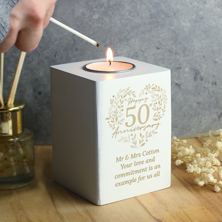 Buy Personalised 50th Golden Wedding Anniversary Tea Light Holder available now at www.giftsfinder.co.uk