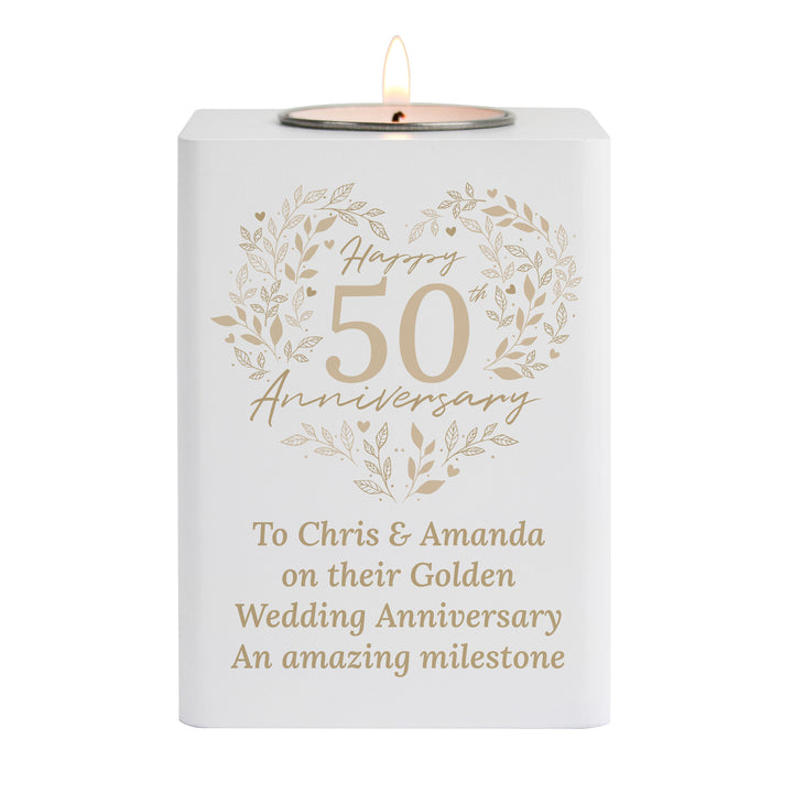 Buy Personalised 50th Golden Wedding Anniversary Tea Light Holder available now at www.giftsfinder.co.uk