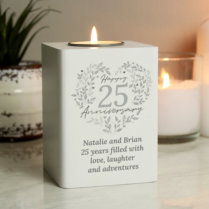 Buy Personalised 25th Silver Wedding Anniversary Tea Light Holder available now at www.giftsfinder.co.uk