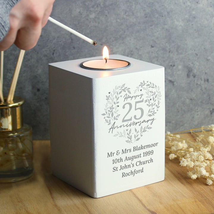 Buy Personalised 25th Silver Wedding Anniversary Tea Light Holder available now at www.giftsfinder.co.uk