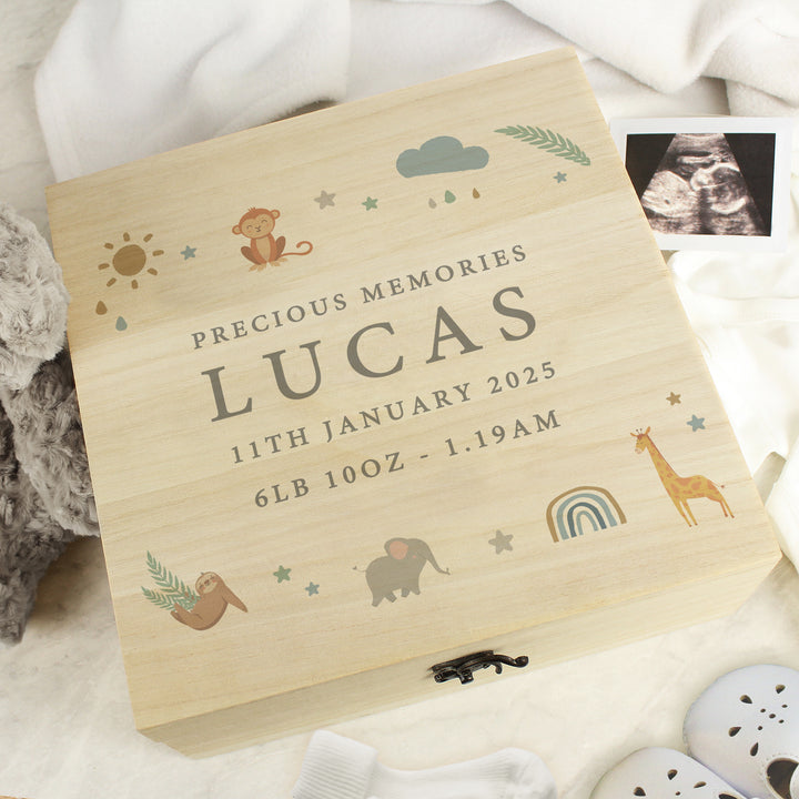 Personalised Safari Animals Large Wooden Keepsake Box