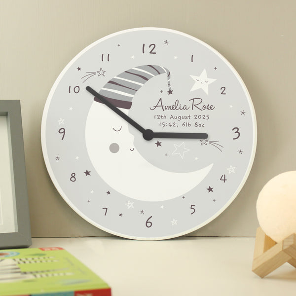 Personalised Moon Wooden Nursery Clock - part of the Gifts Finder Personalised Wooden Clocks collection