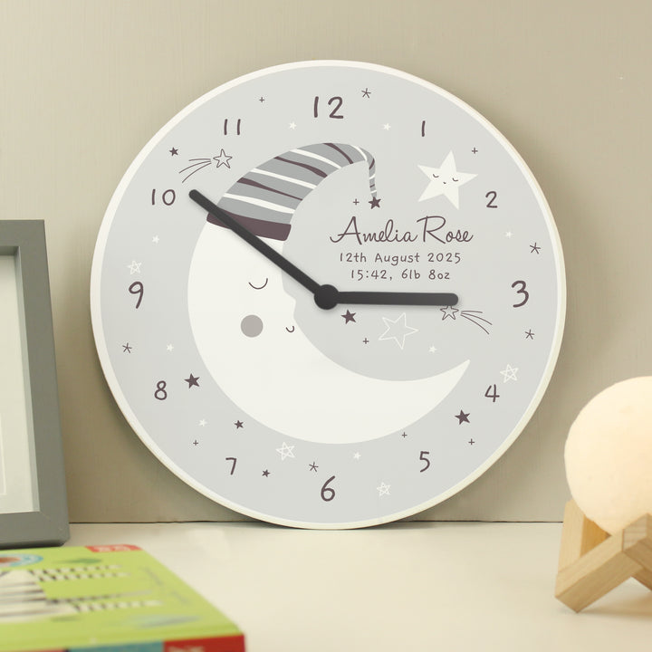 Personalised Moon Wooden Nursery Clock - part of the Gifts Finder Personalised Wooden Clocks collection