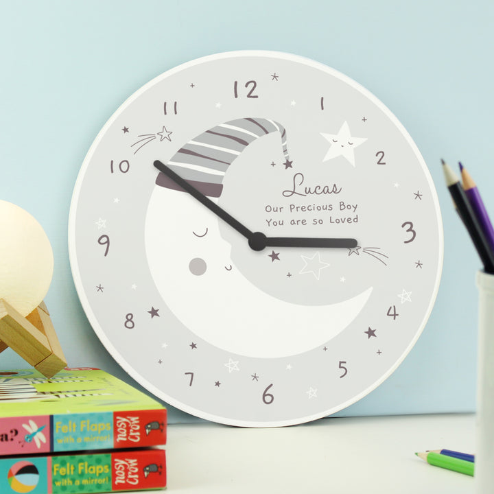 Personalised Moon Wooden Nursery Clock - part of the Gifts Finder Personalised Wooden Clocks collection