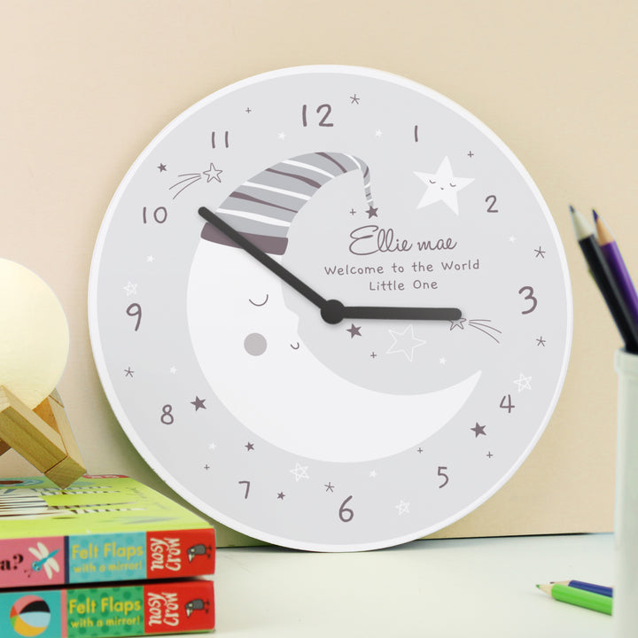 Personalised Moon Wooden Nursery Clock - part of the Gifts Finder Personalised Wooden Clocks collection