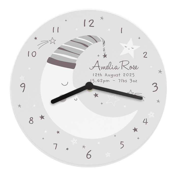 Personalised Moon Wooden Nursery Clock - part of the Gifts Finder Personalised Wooden Clocks collection