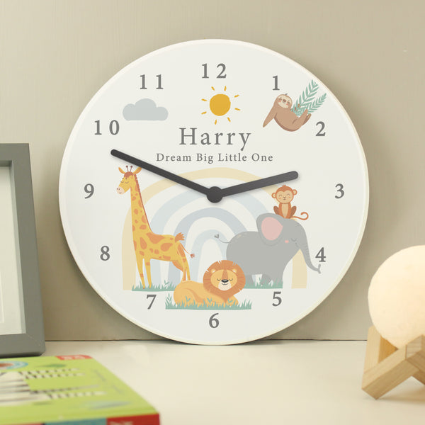 Personalised Safari Animals Wooden Nursery Clock - part of the Gifts Finder Personalised Wooden Clocks collection