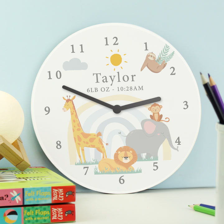 Personalised Safari Animals Wooden Nursery Clock - part of the Gifts Finder Personalised Wooden Clocks collection