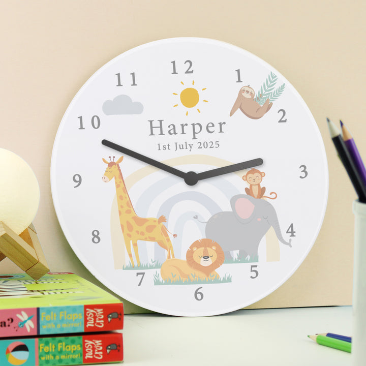 Personalised Safari Animals Wooden Nursery Clock - part of the Gifts Finder Personalised Wooden Clocks collection