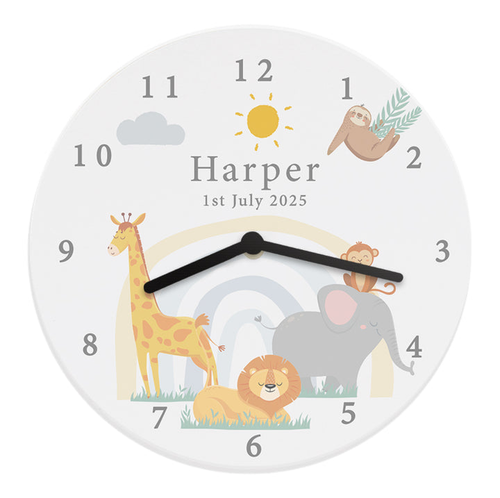 Personalised Safari Animals Wooden Nursery Clock - part of the Gifts Finder Personalised Wooden Clocks collection