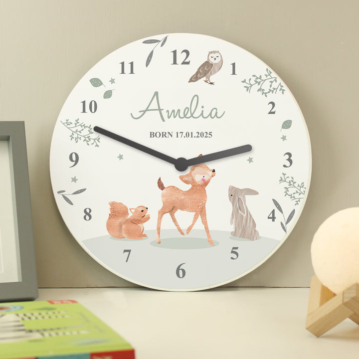 Personalised Woodland Animals Wooden Nursery Clock - part of the Gifts Finder Personalised Wooden Clocks collection