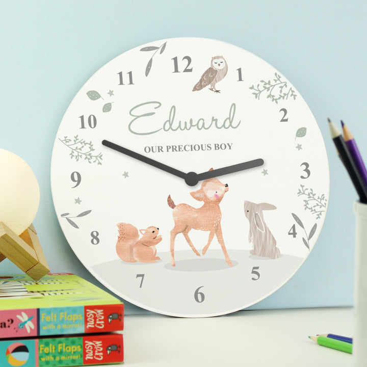 Personalised Woodland Animals Wooden Nursery Clock - part of the Gifts Finder Personalised Wooden Clocks collection