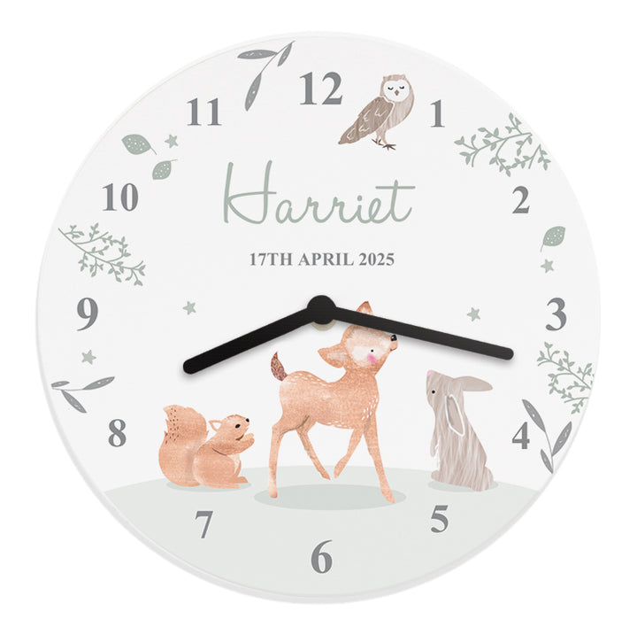 Personalised Woodland Animals Wooden Nursery Clock - part of the Gifts Finder Personalised Wooden Clocks collection