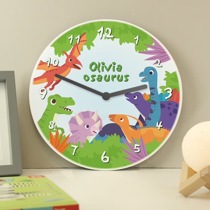 Personalised Dinosaur Wooden Childrens Clock - part of the Gifts Finder Personalised Wooden Clocks collection