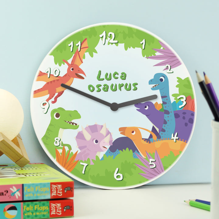 Personalised Dinosaur Wooden Childrens Clock - part of the Gifts Finder Personalised Wooden Clocks collection